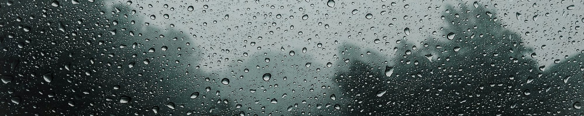 Regentropfen auf einer Fensterscheibe, dahinter unscharfe Bäume