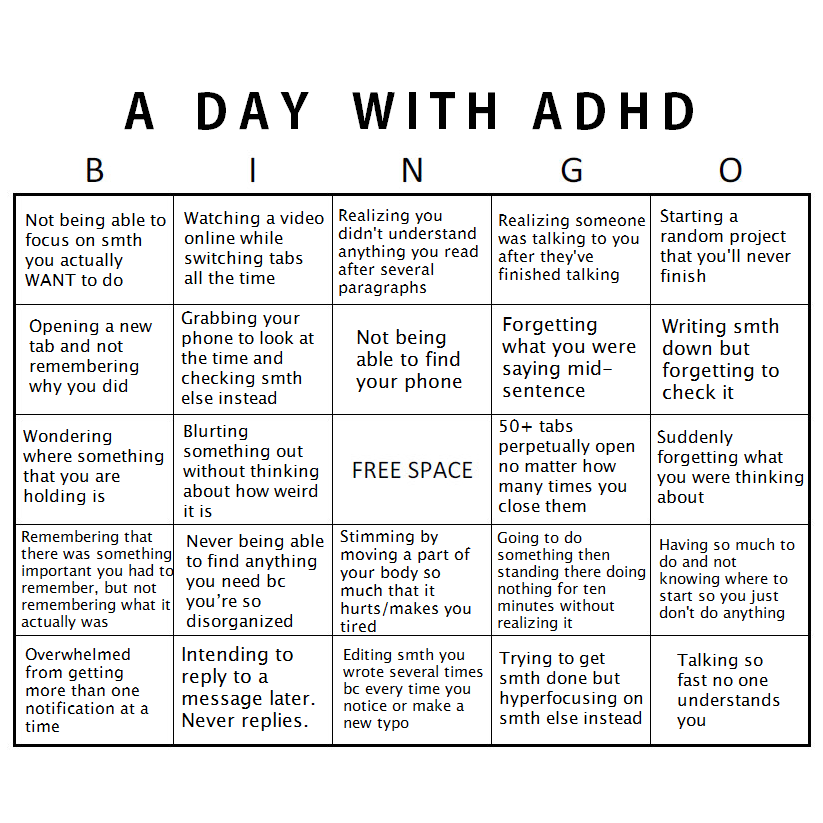 ADHS-Bingokarte „A day with ADHD" mit 25 Alltagssituationen: 50 offene Tabs, mitten im Satz vergessen was man sagen wollte, das Handy nicht finden, Projekte anfangen und nie beenden.