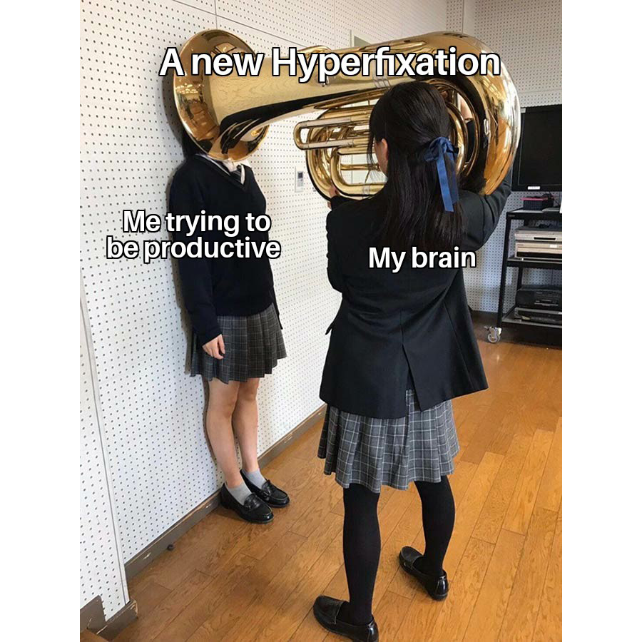 ADHS-Meme: Eine Schülerin stülpt einer anderen eine Tuba über den Kopf. Beschriftet: Das eigene Gehirn setzt eine neue Hyperfixation an, während man produktiv sein möchte.