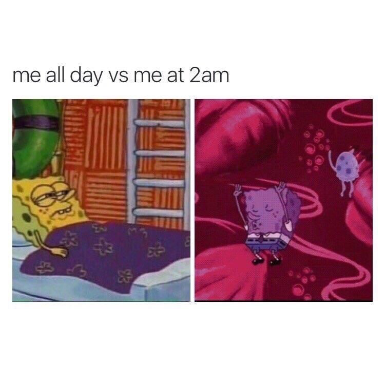 ADHS-Meme mit SpongeBob: tagsüber müde im Bett, um zwei Uhr nachts hellwach und voller Energie.