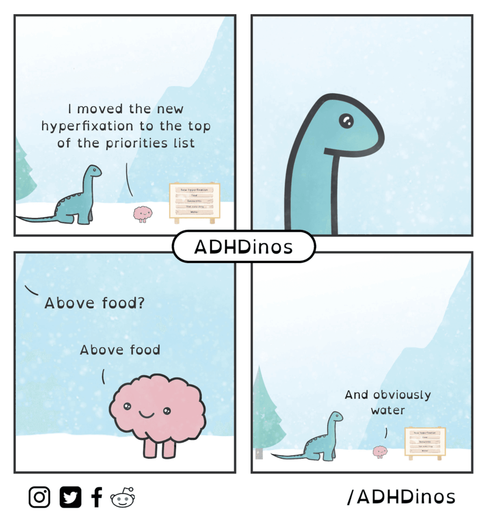ADHS-Comic von ADHDinos: Ein Dinosaurier und ein Gehirn besprechen die Prioritätenliste – die neue Hyperfixation steht jetzt über dem Essen, nur Wasser bleibt darüber.