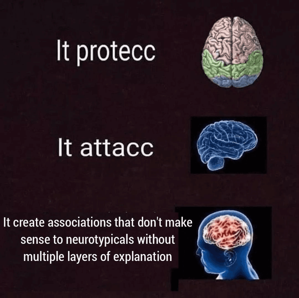 ADHS-Meme mit drei Gehirnbildern: «Es beschützt», «Es greift an», «Es bildet Assoziationen, die für Neurotypische ohne mehrfache Erklärung keinen Sinn ergeben».