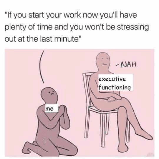 ADHS-Meme: Eine Figur kniet bittend vor einer sitzenden Figur mit der Beschriftung «Exekutivfunktionen» – auf die Bitte, jetzt anzufangen, um später keinen Stress zu haben, kommt nur «Nö».