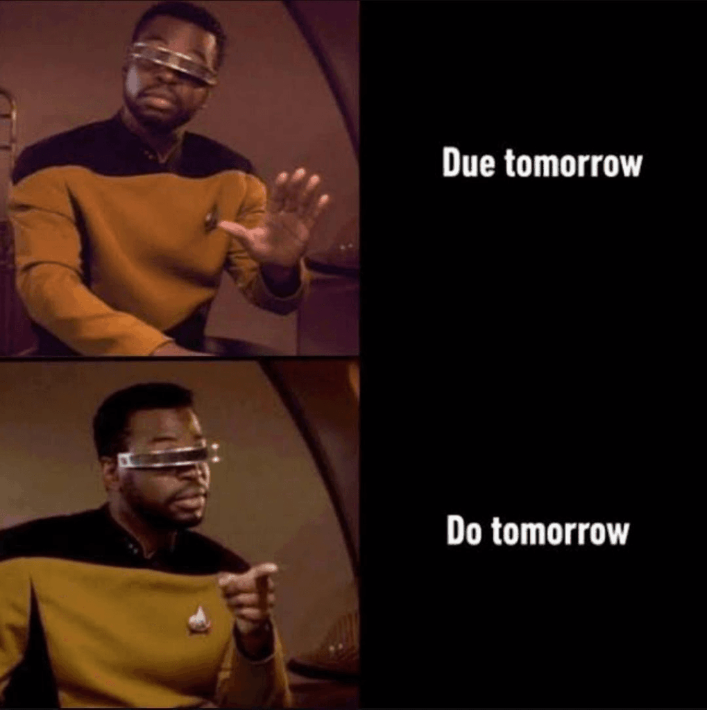 ADHS-Meme im Ablehnen-Zustimmen-Format: «Morgen fällig» wird abgewinkt, «morgen machen» zustimmend gezeigt.