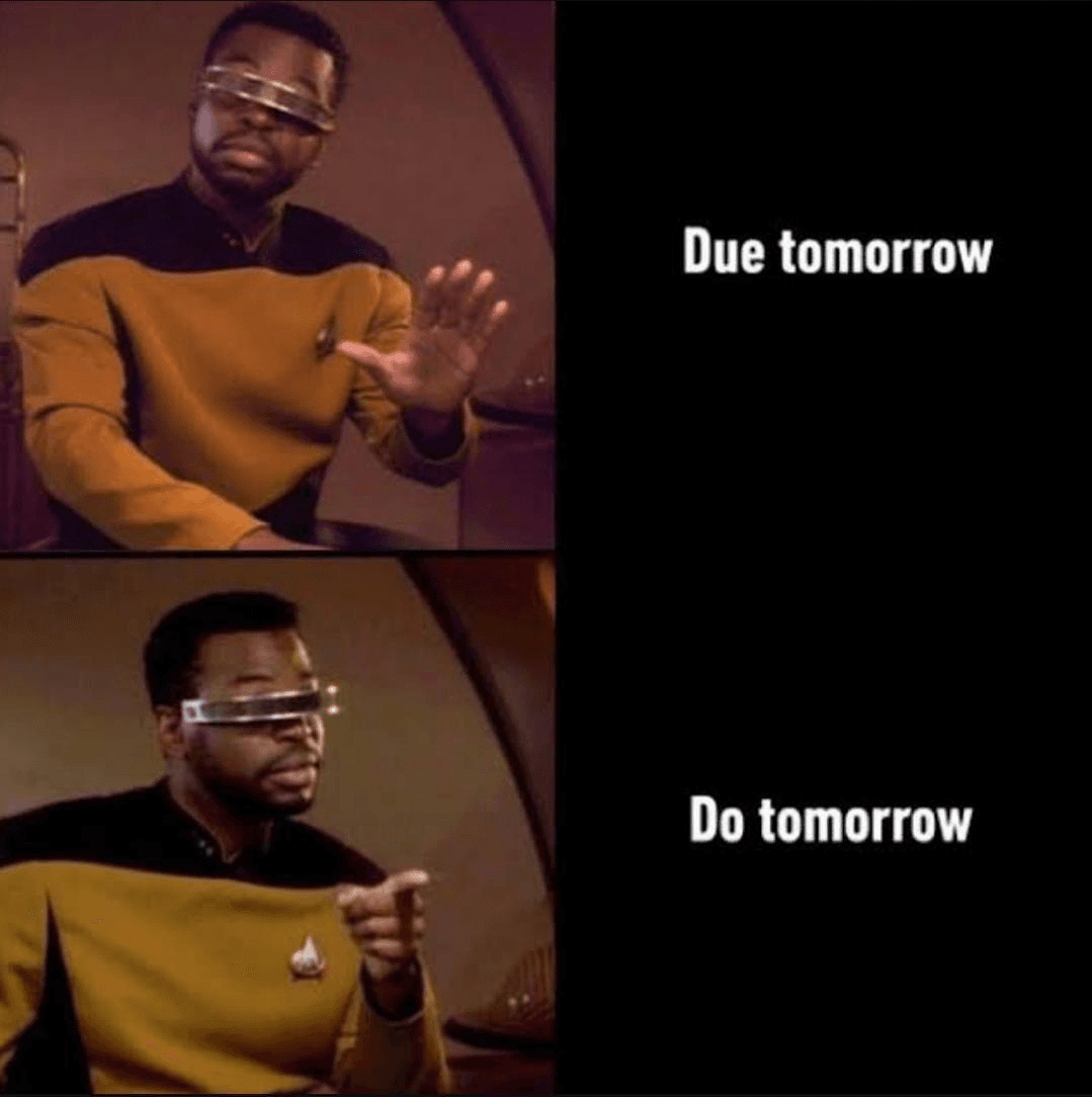 ADHS-Meme im Ablehnen-Zustimmen-Format: «Morgen fällig» wird abgewinkt, «morgen machen» zustimmend gezeigt.