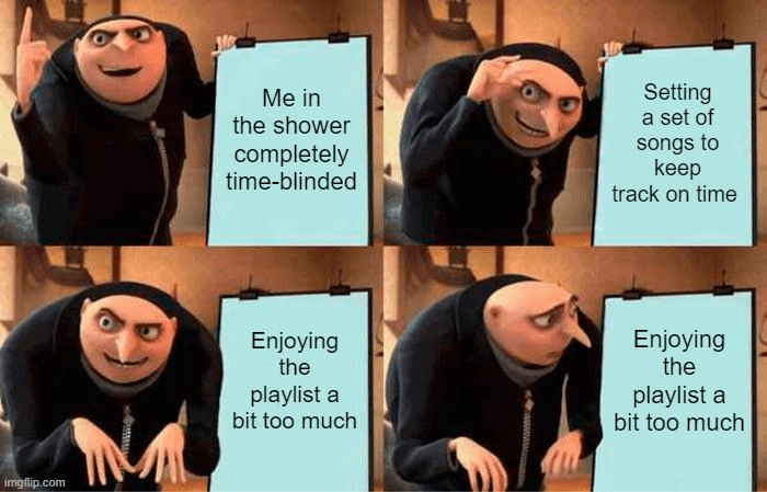 ADHS-Meme mit Gru: Beim Duschen jedes Zeitgefühl verlieren, deshalb eine Playlist als Zeitmesser einrichten – und dann die Playlist zu sehr geniessen.