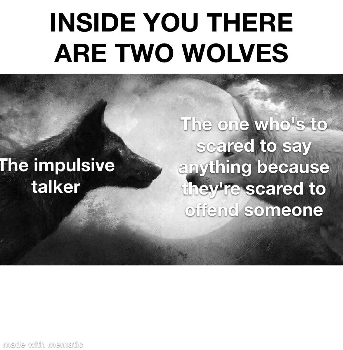 ADHS-Meme «Inside you there are two wolves»: der eine redet impulsiv drauflos, der andere sagt aus Angst anzuecken gar nichts.